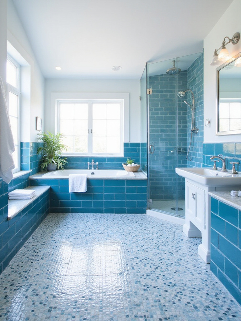 Bathroom with blue and white tile creating a coastal calm aesthetic.