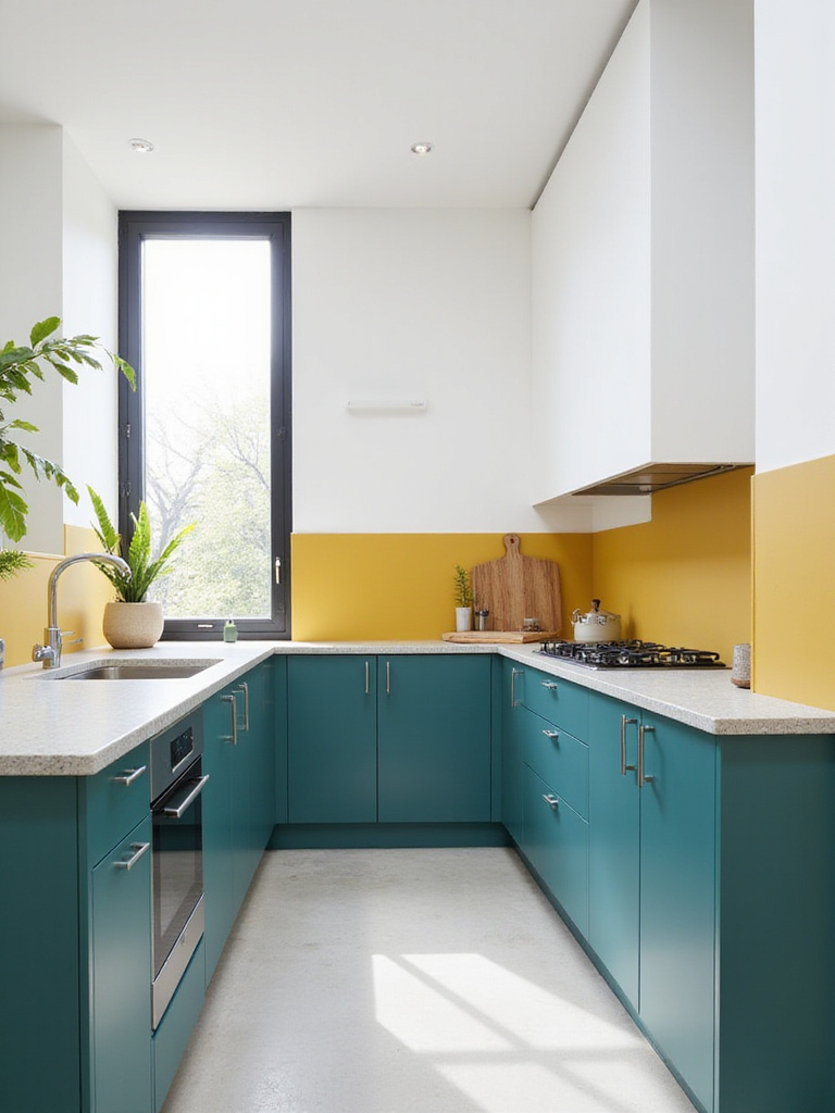 Modern kitchen with teal and white color blocked walls and cabinets with a mustard yellow accent stripe.