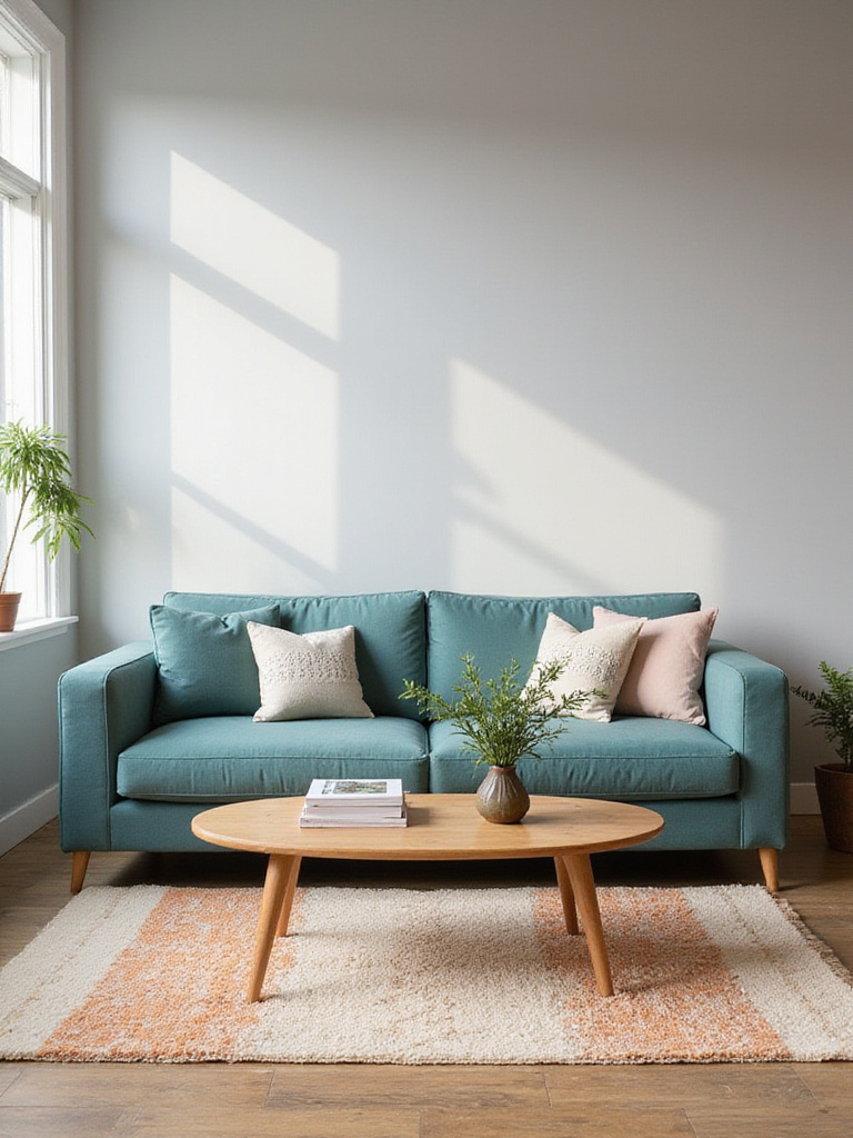 Teal couch in a modern living room with gray walls and a patterned rug.