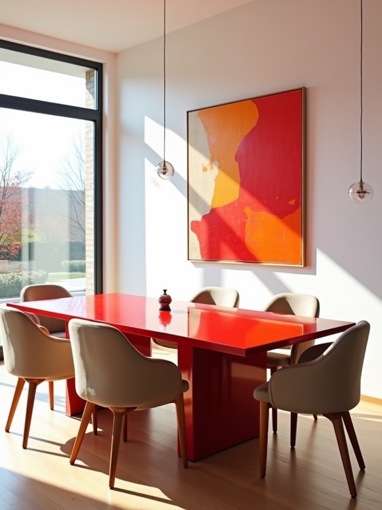 Modern dining room with a vibrant red lacquered dining table