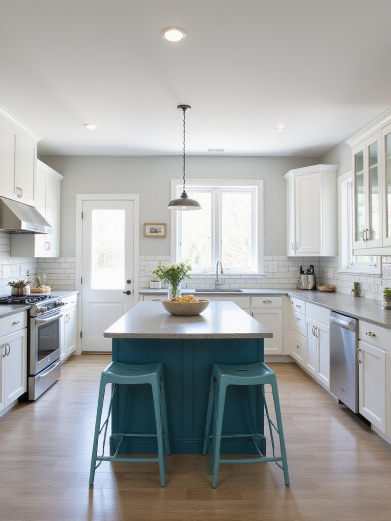 Modern kitchen with white cabinets and a teal kitchen island creating a pop of color.