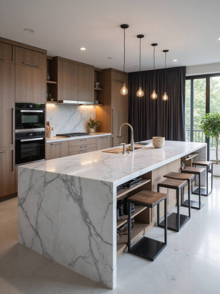 Modern luxury kitchen with a grand marble island as the focal point.