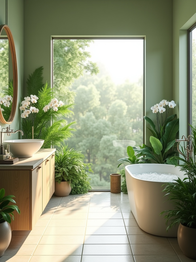 Nature-inspired bathroom with natural wood vanity, stone countertop, plants, and a view of a green garden