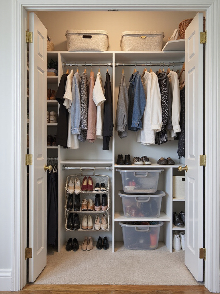 Well-organized closet with adjustable shelving, double hanging rods, slim hangers, storage bins, and over-the-door shoe organizer.