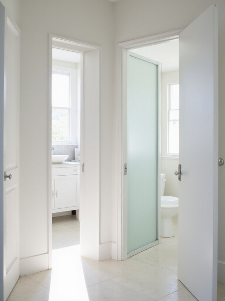 Modern bathroom with white pocket door maximizing space