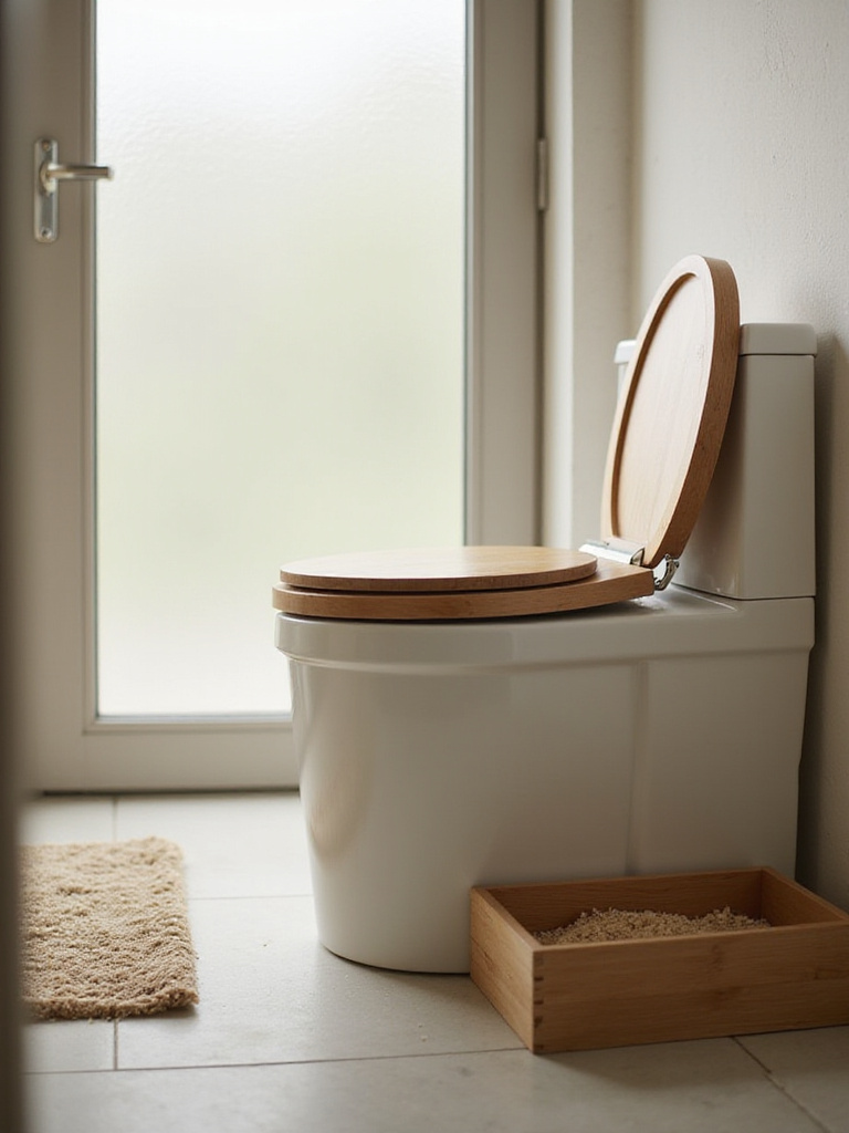 Modern bathroom featuring a sleek composting toilet and natural elements for an eco-friendly upgrade.