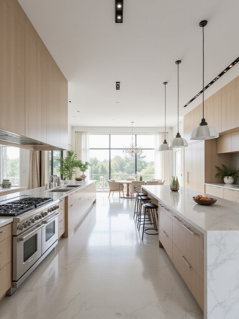 Modern kitchen with two islands, stainless steel appliances, and light wood cabinets