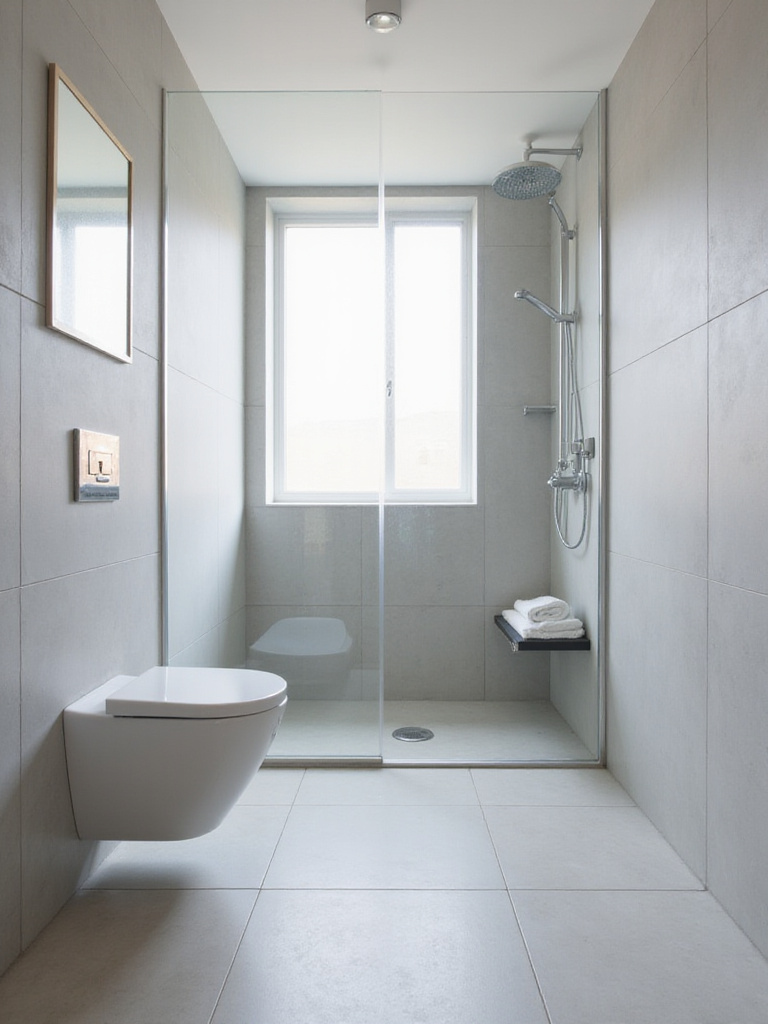 Small modern wet room bathroom with linear drain and partial glass shower screen.