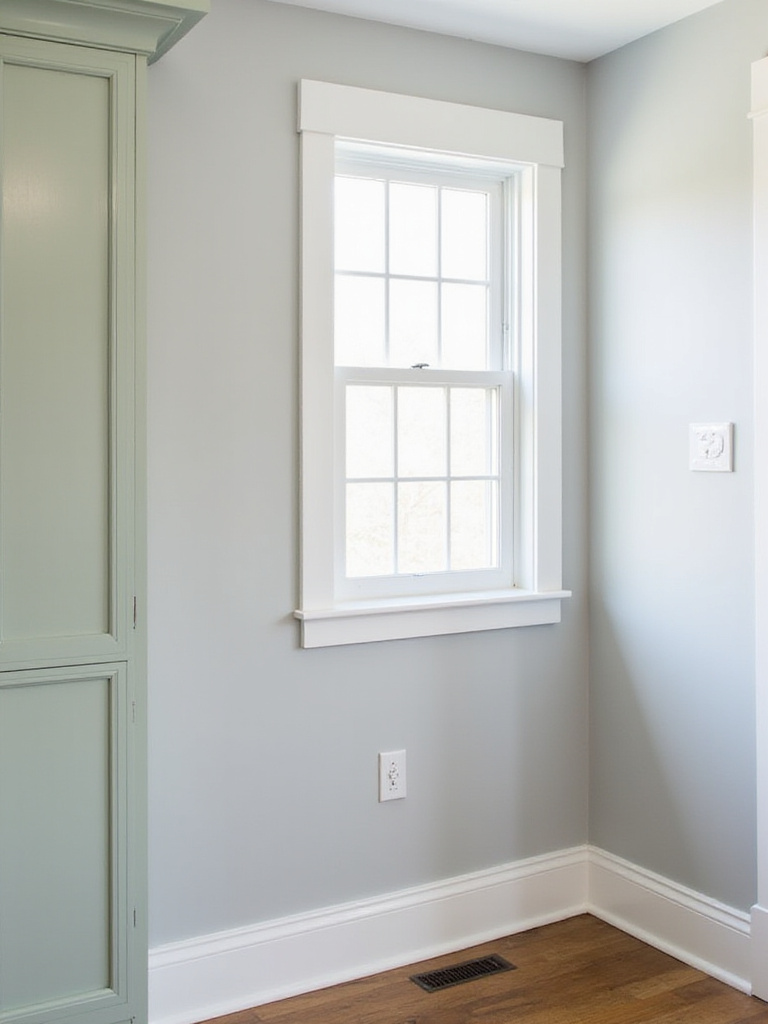 Kitchen with light gray walls and white trim around windows and baseboards.