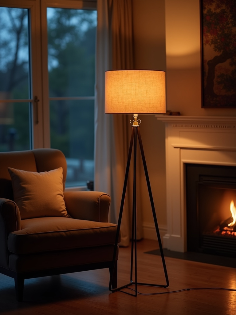 Living room with dimmable floor lamp creating a warm and inviting ambiance.