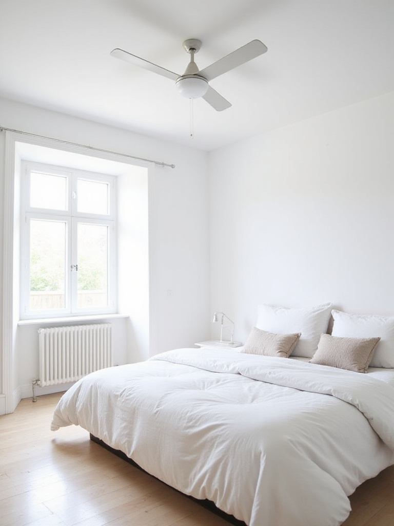 Modern white ceiling fan in a bright white bedroom