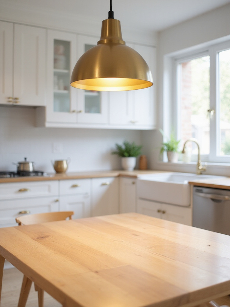 Battery-operated pendant light illuminating a modern kitchen table.