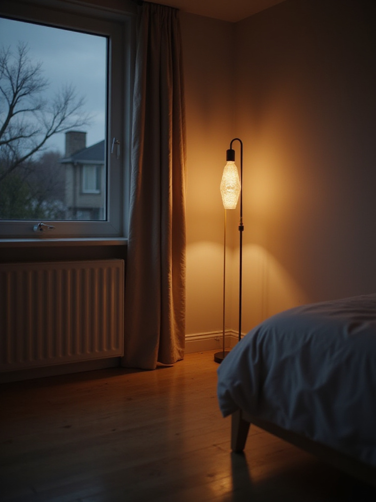 Modern bedroom corner illuminated by a stylish floor lamp.