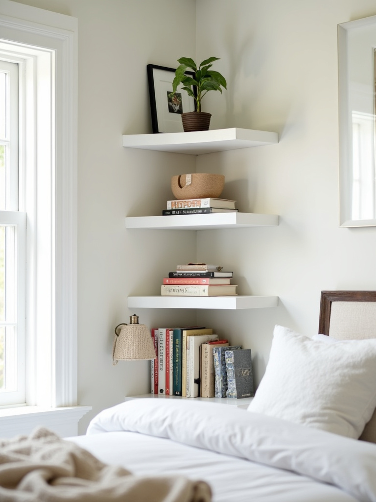 Small bedroom corner with white floating corner shelves displaying books, a plant, and a lamp.