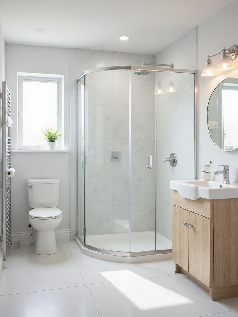 Small bathroom design featuring a space-saving quadrant corner shower with clear glass.