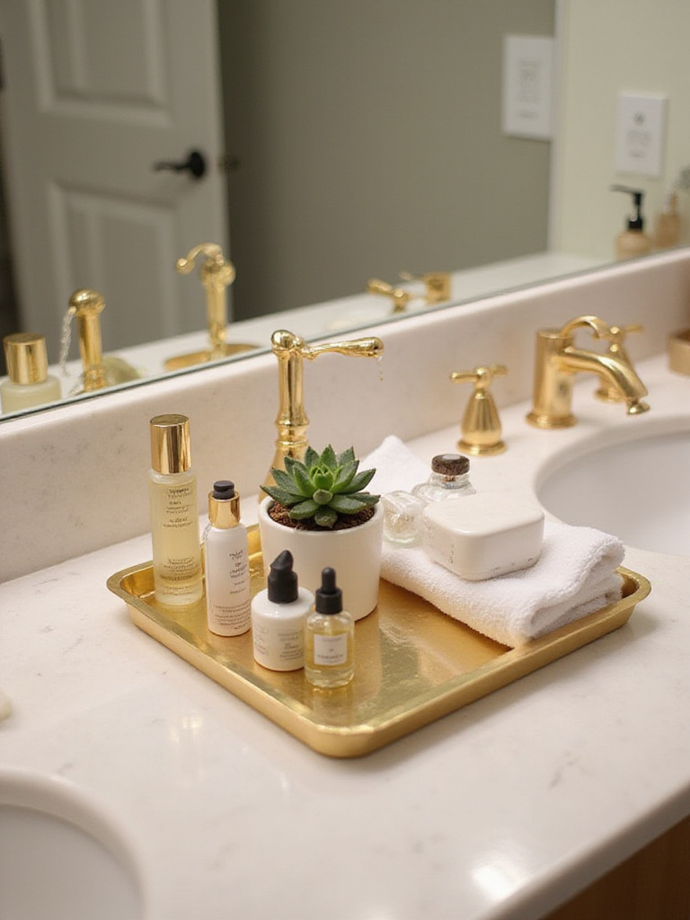 Bathroom vanity with gold tray holding skincare, plant, and towel.