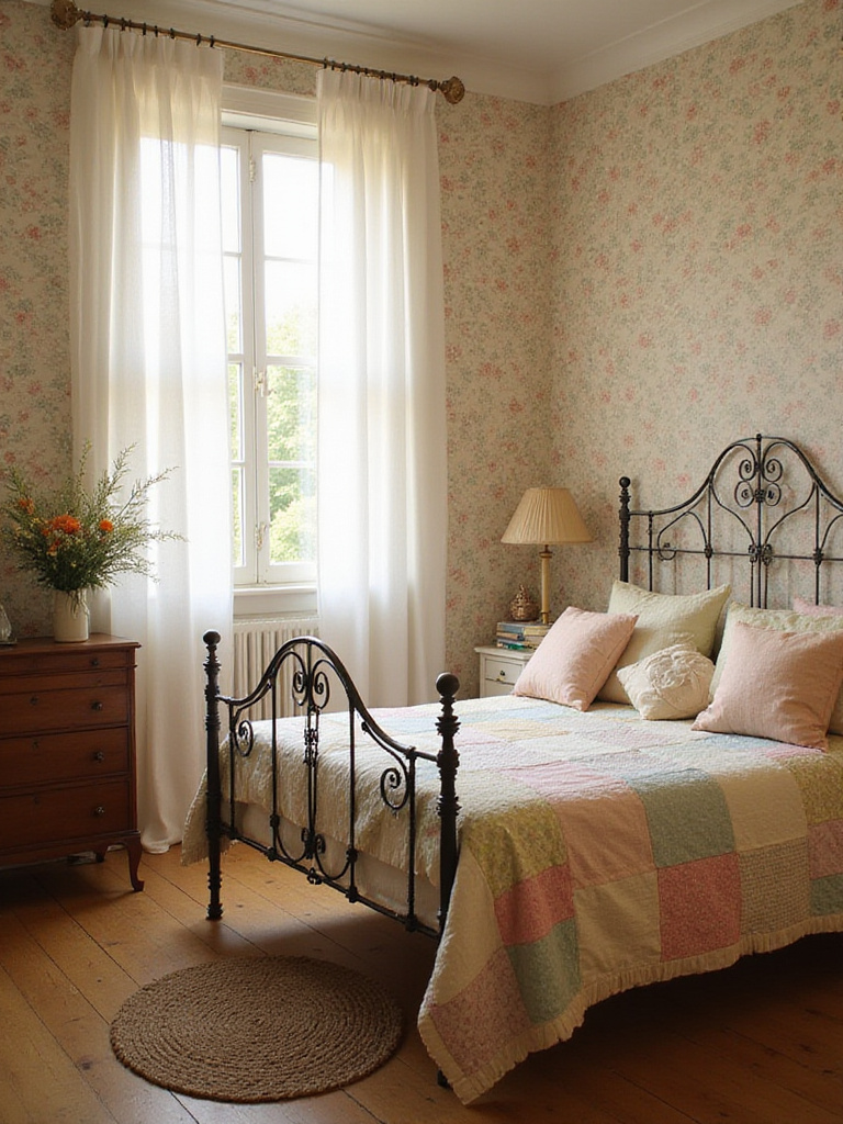 Cottagecore bedroom with floral wallpaper, vintage furniture, and romantic lighting.