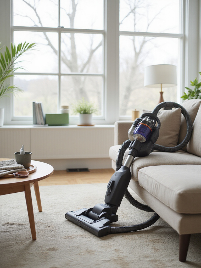 Living room with couch and cleaning supplies, illustrating couch care