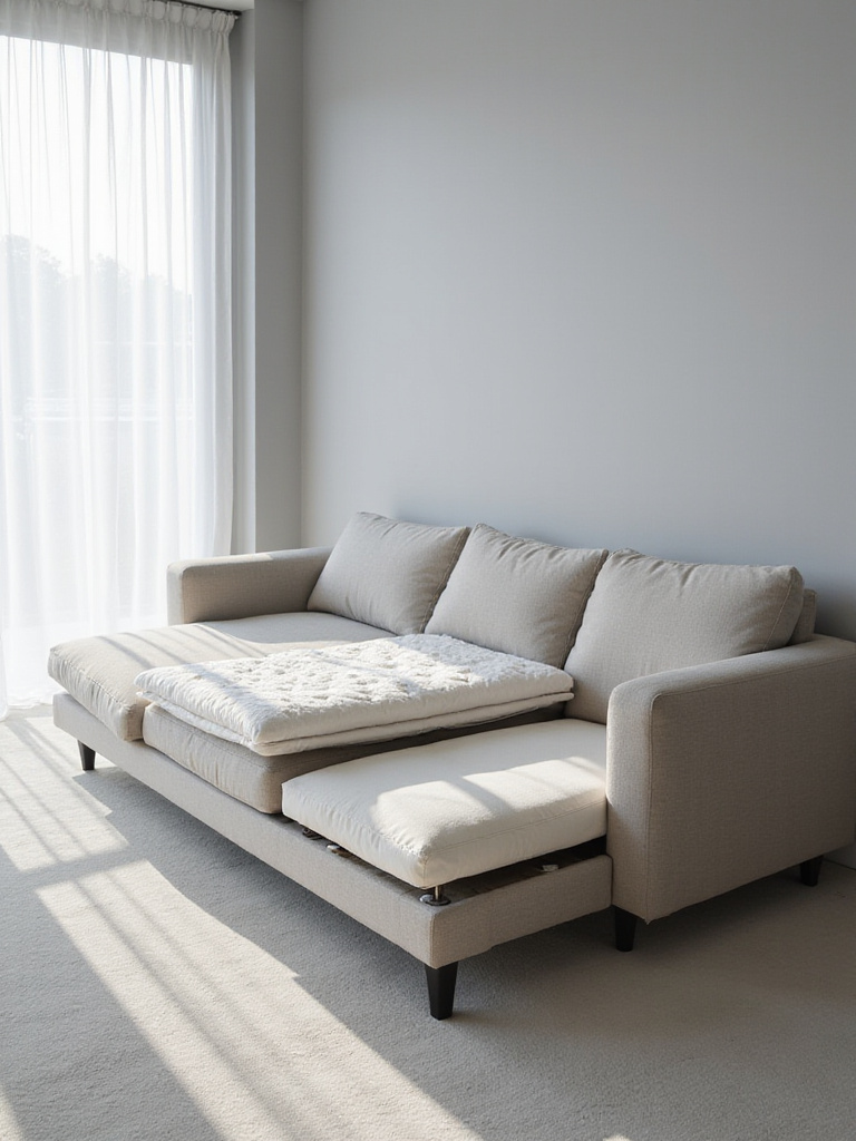 Deconstructed sectional sofa showing layers of cushion fill including fabric, down, memory foam, and innerspring