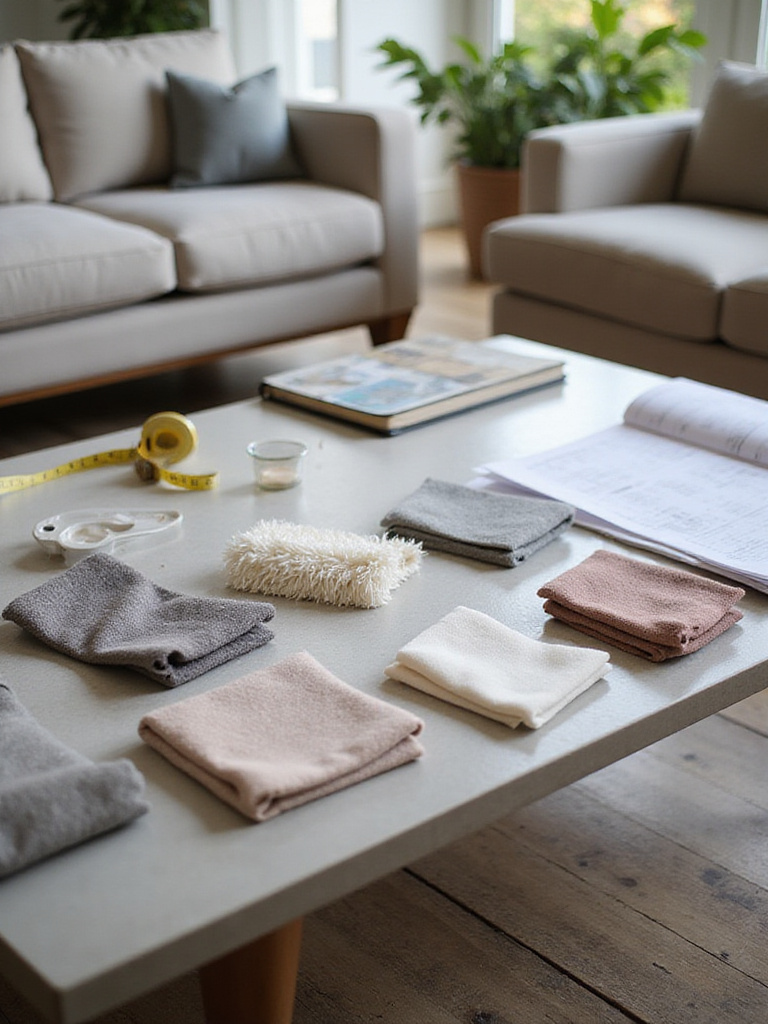 Couch swatches and floor plan for choosing a new living room couch.