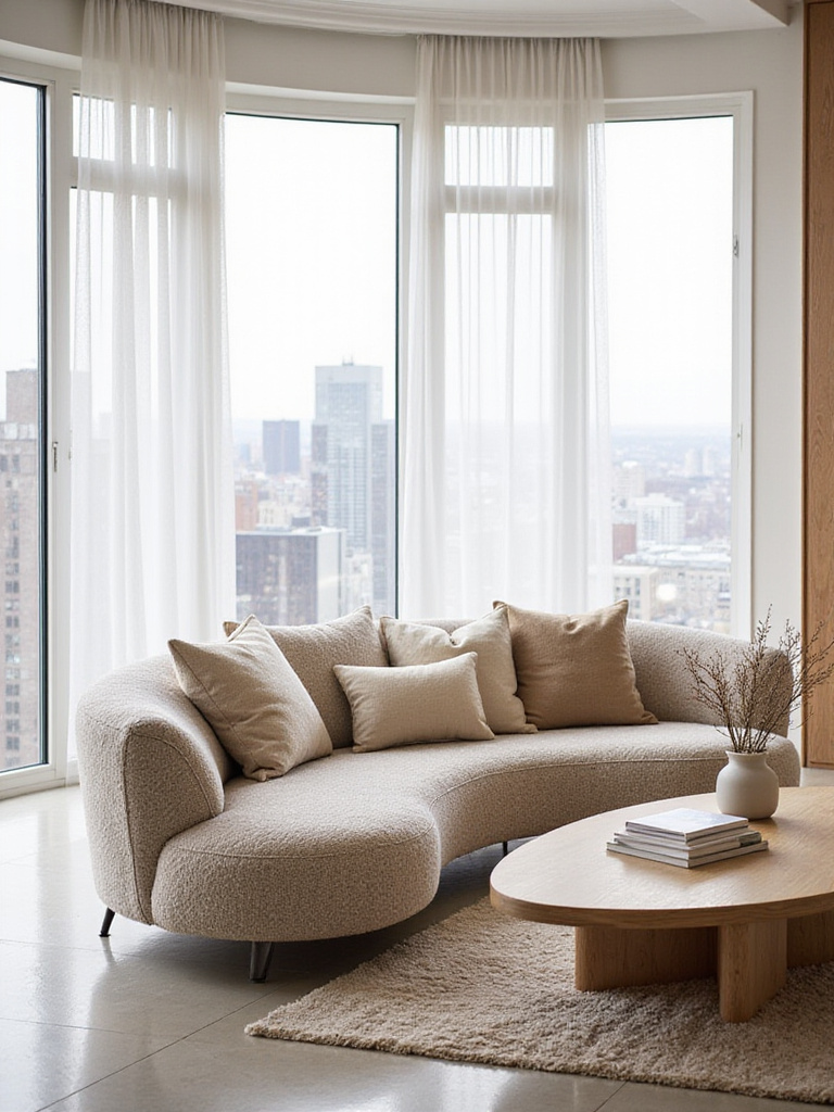 Modern living room featuring a curved boucle sofa with neutral-toned throw pillows and a light wood coffee table.