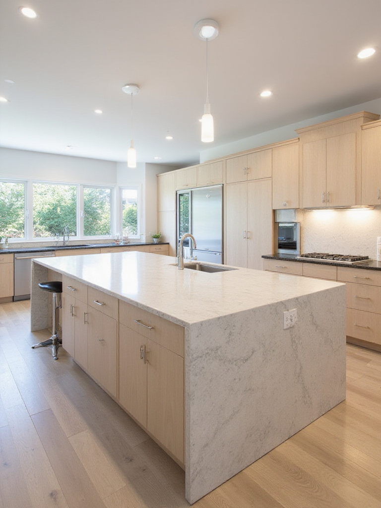 Modern kitchen with light grey quartz waterfall island countertop and dark granite perimeter countertops.