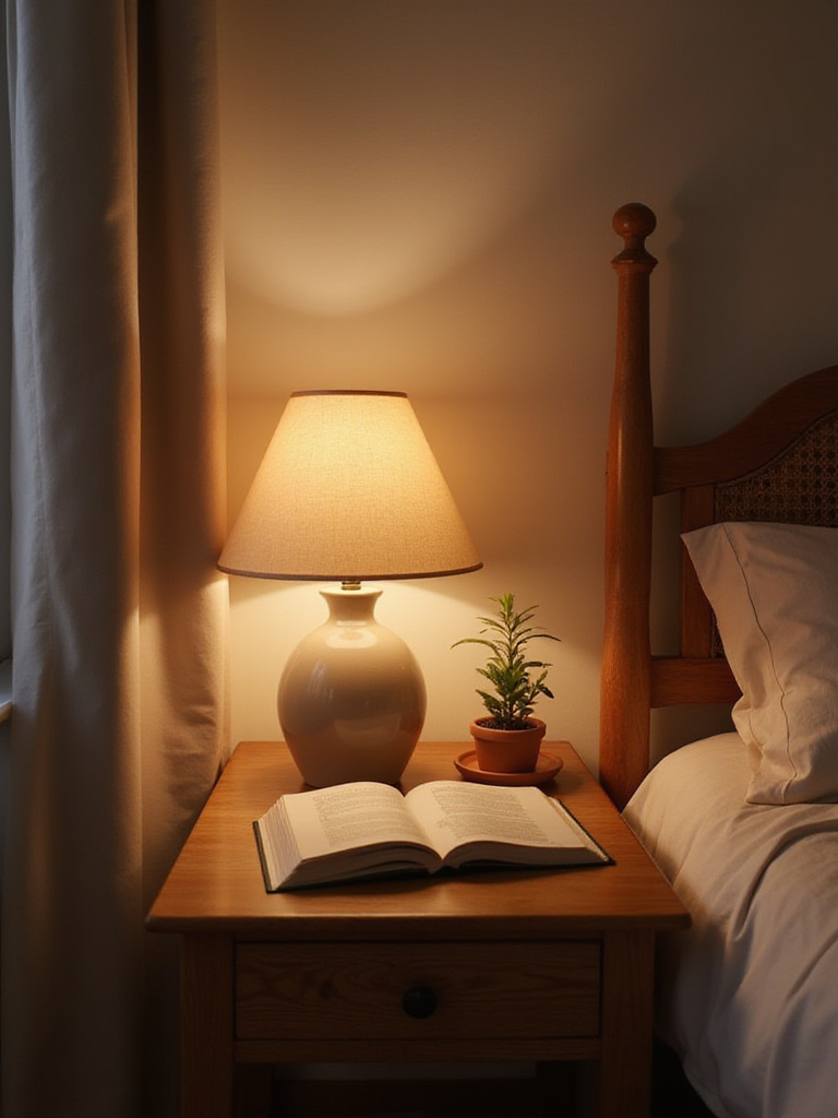 Cozy bedside table with lamp, book, plant, and water carafe in a relaxing bedroom setting.