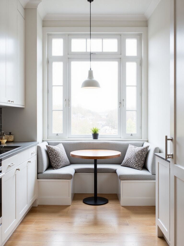 Cozy contemporary kitchen breakfast nook with banquette seating and natural light.