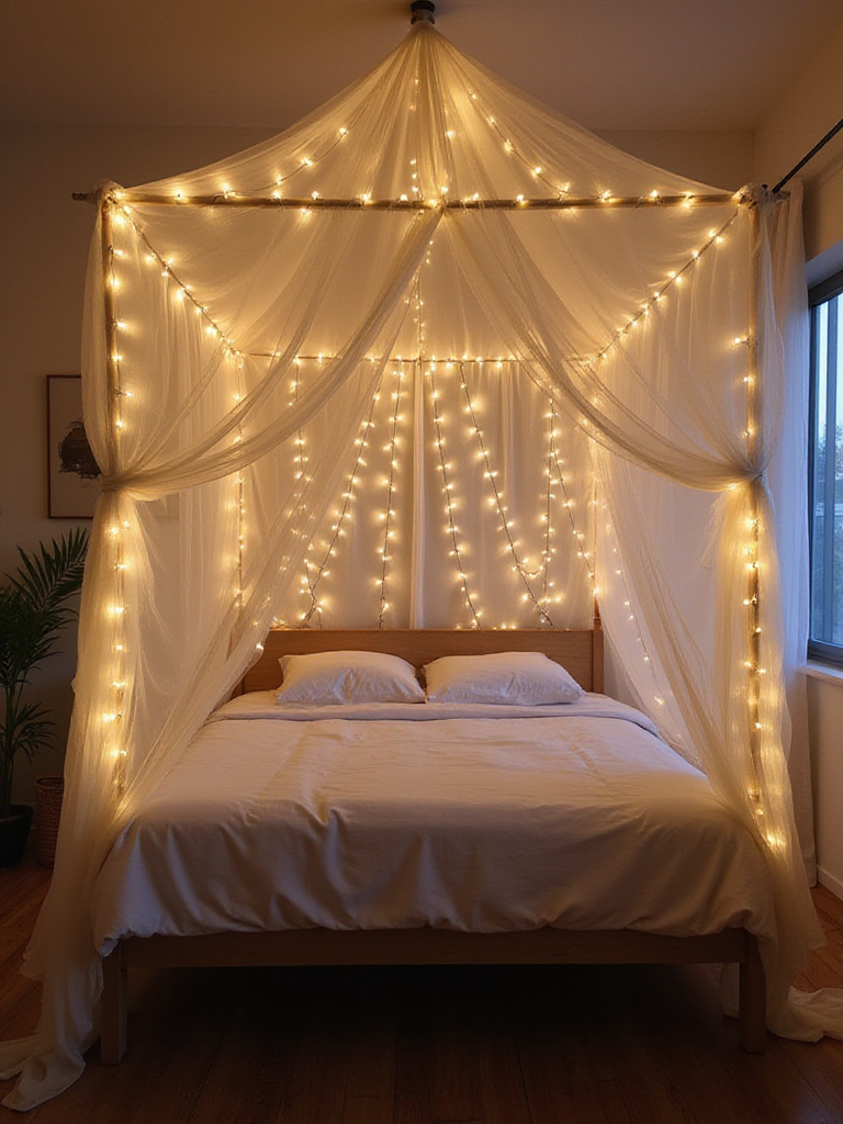 Bedroom with a cozy canopy of warm white string lights creating a relaxing ambiance.