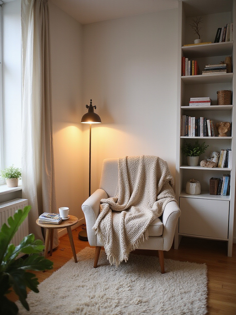 Cozy bedroom reading corner with armchair, blanket, and books.