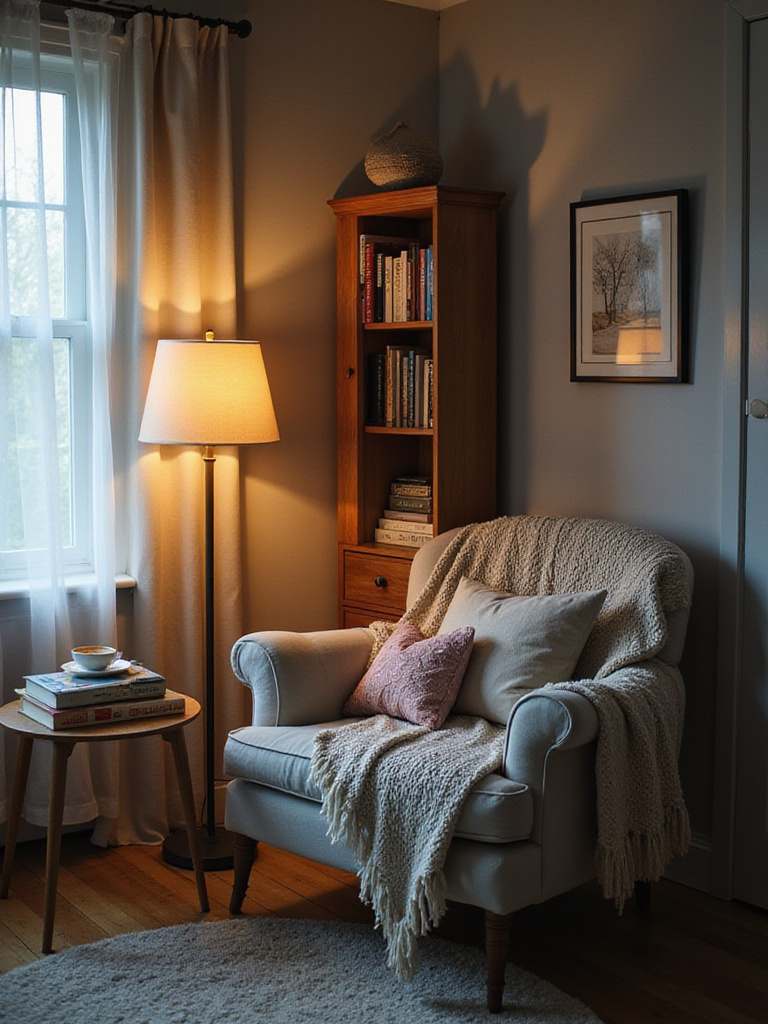 Cozy bedroom seating nook with armchair, bookshelf, and soft lighting.