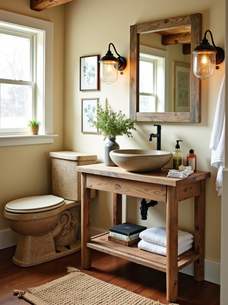 Rustic bathroom with reclaimed wood vanity and stone sink, creating a warm and inviting space.