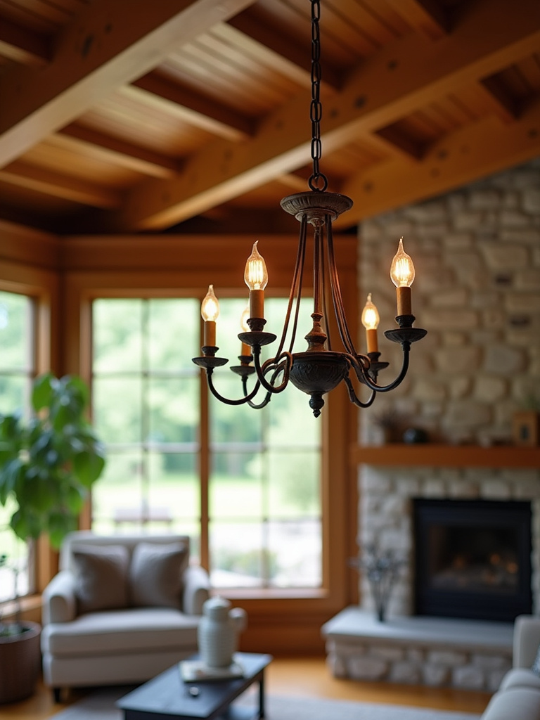 Rustic living room with wrought iron chandelier and stone fireplace