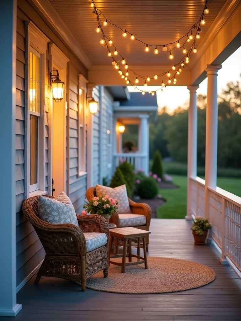 Cozy front porch seating with wicker chairs, cushions, and string lights for enhanced curb appeal.