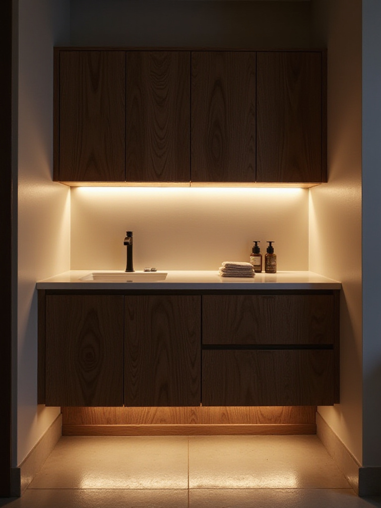 Bathroom vanity with soft under-cabinet lighting creating a relaxing ambiance