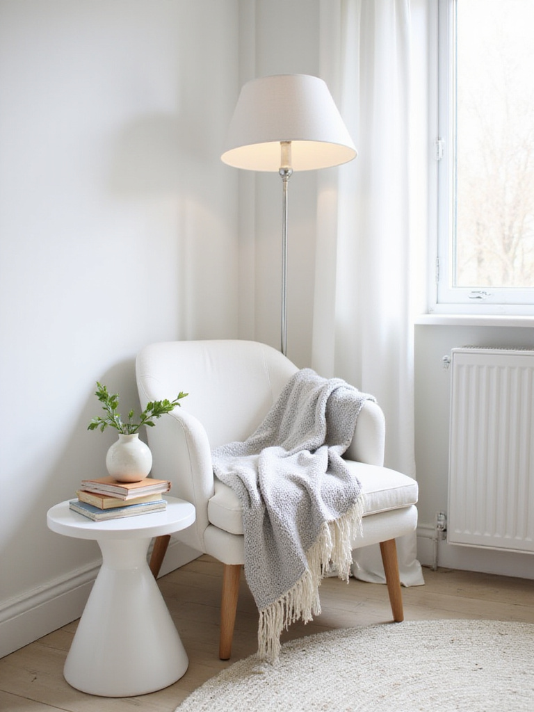Cozy white bedroom nook with stylish white accent chair, side table, and floor lamp.