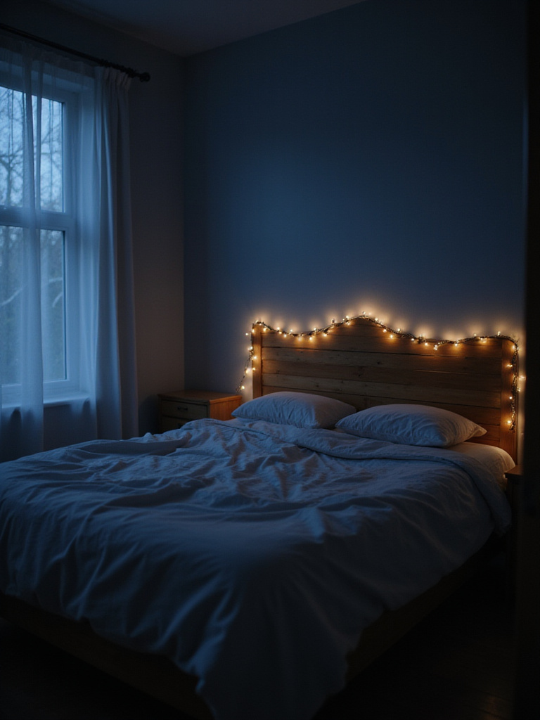 Bedroom with fairy lights draped across the headboard creating a cozy atmosphere.