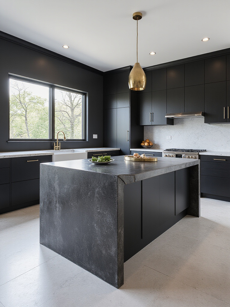 Modern kitchen with a show-stopping concrete waterfall island and sculptural gold pendant light.