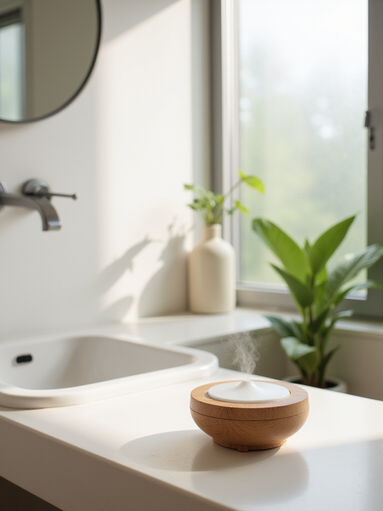 Essential oil diffuser creating a spa ambiance in a modern bathroom