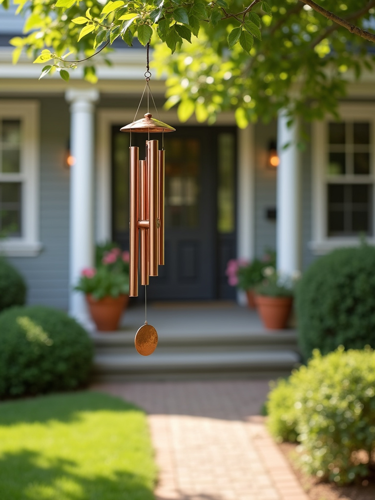 Copper wind chime hanging on a porch, creating a tranquil front yard atmosphere