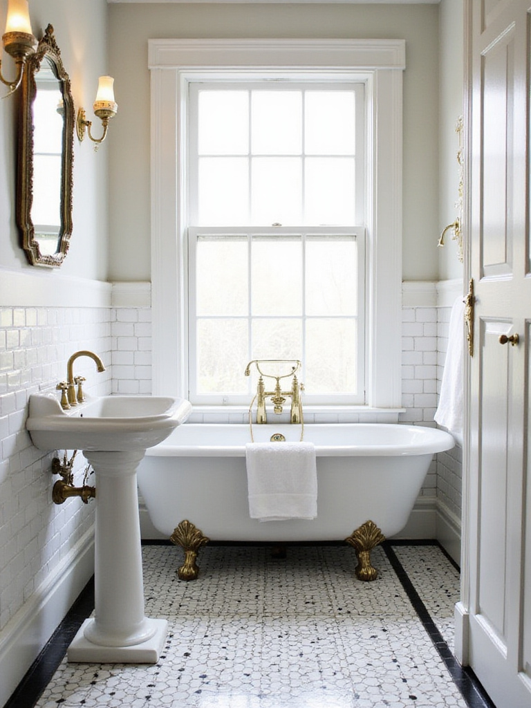 Vintage-inspired bathroom with clawfoot tub, subway tile, and pedestal sink