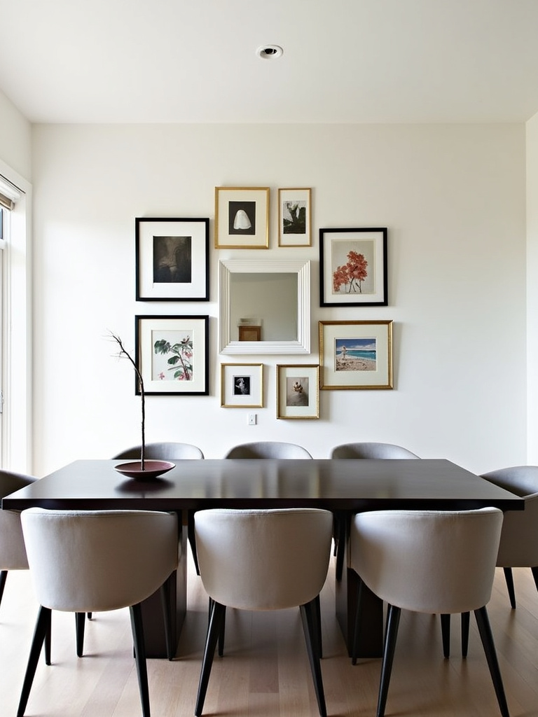 Dining room with a captivating gallery wall featuring a mix of art and photographs.