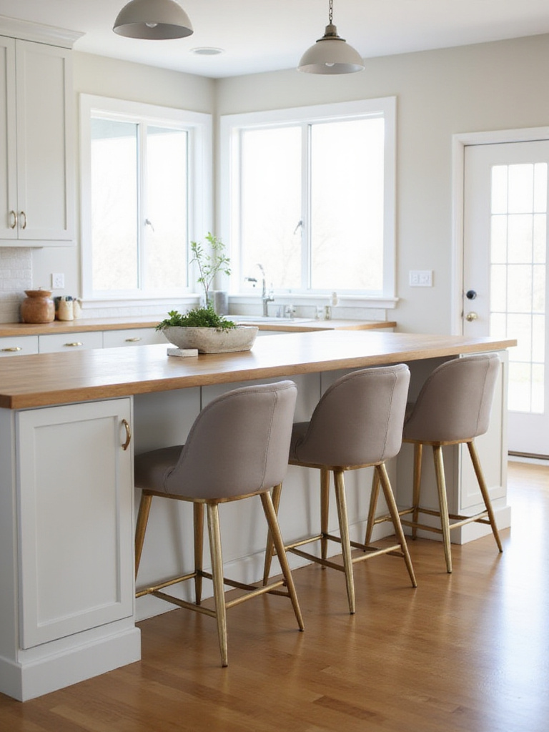 Modern kitchen island with comfortable upholstered counter stools