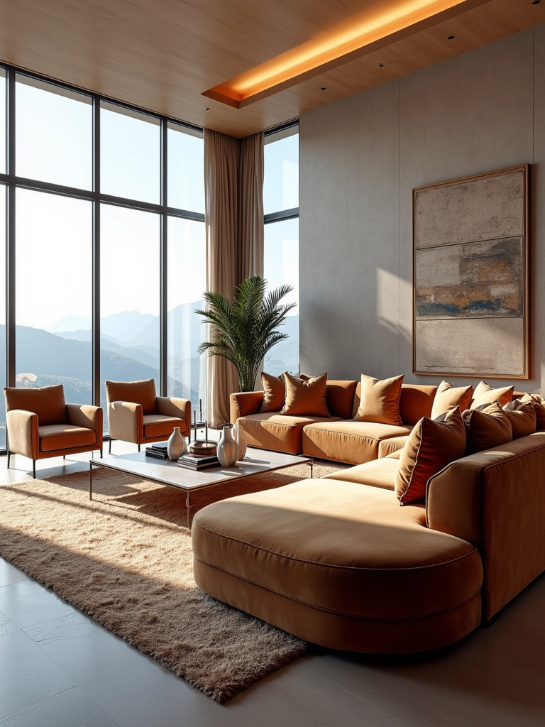 Luxurious living room with generous seating arrangement featuring a curved sectional sofa, armchairs, and a plush rug.