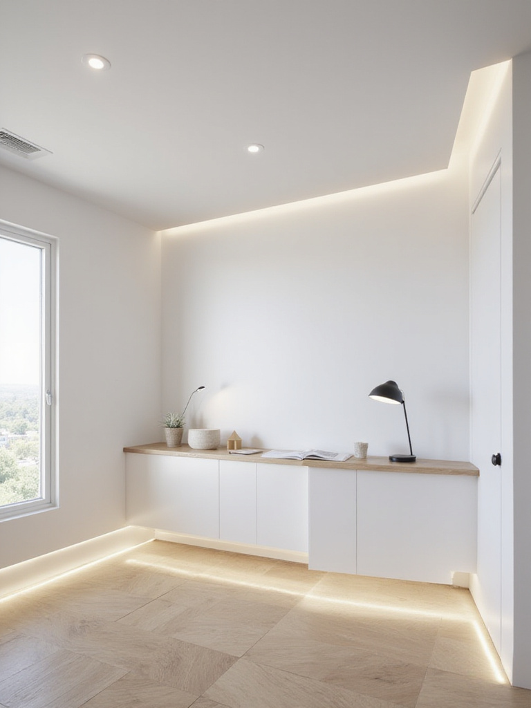 Modern minimalist bedroom with cool-toned LED lighting, creating a crisp and clean aesthetic.
