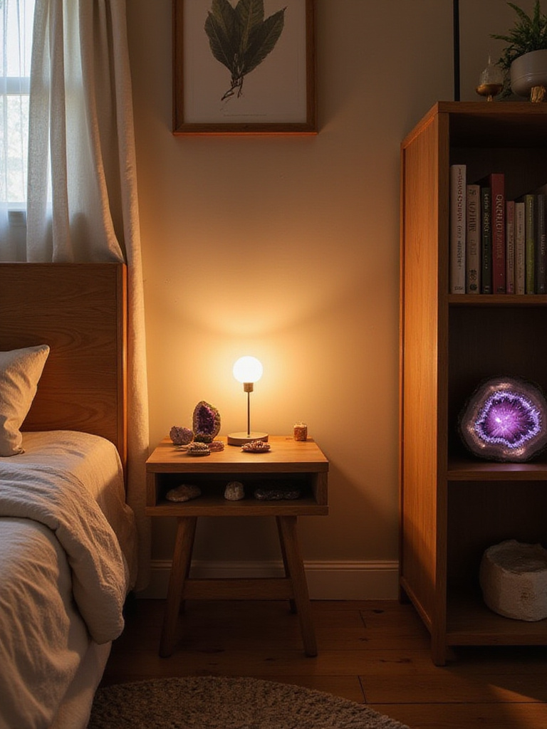 Boho bedroom decor with crystals and geodes on nightstand and bookshelf.