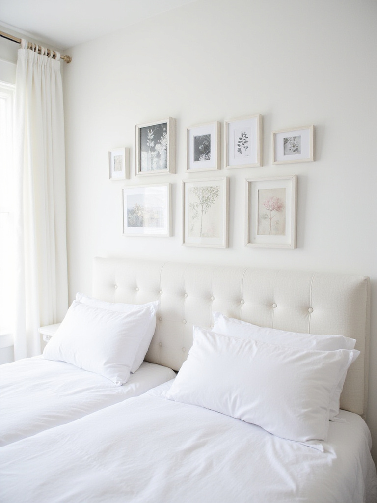 White bedroom with gallery wall featuring white frames.