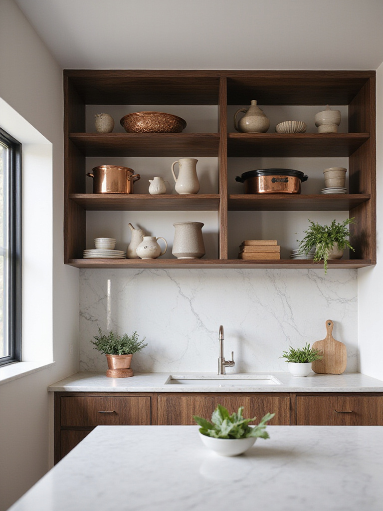 Modern luxury kitchen with dark walnut open shelving showcasing curated cookware and ceramics.