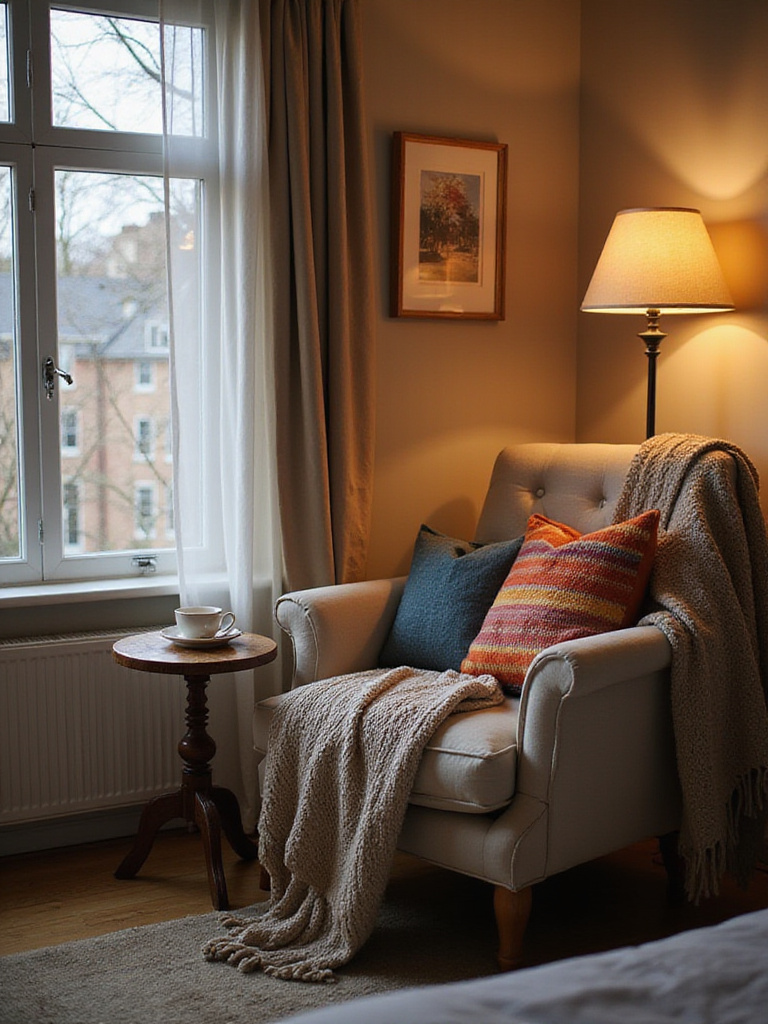 Cozy reading nook in a bedroom with armchair, blankets, and warm lighting.