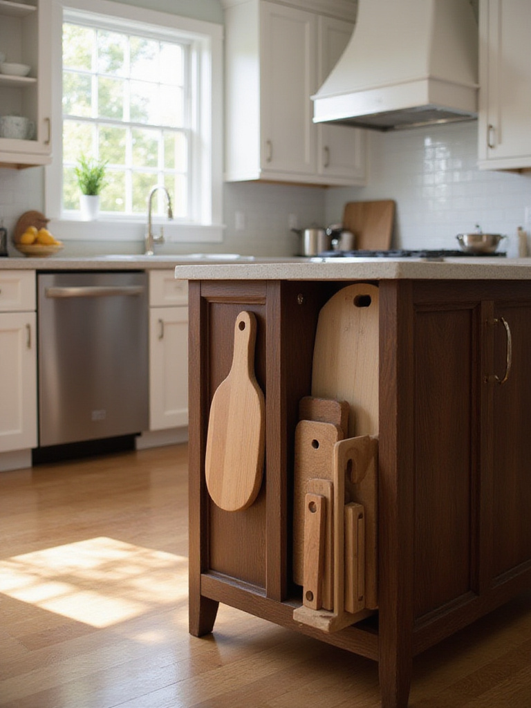 Kitchen island with dedicated cutting board storage using vertical slots.